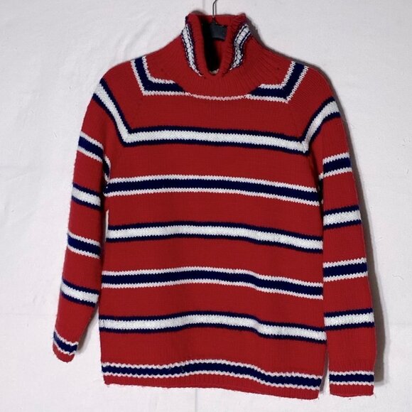 Handmade Knit Red White Blue Striped Turtleneck Sweater M - Picture 2 of 10